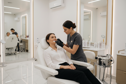 vakker kvinne i skjønnhetssalong, profesjonell behandler fjerner hår fra overleppe